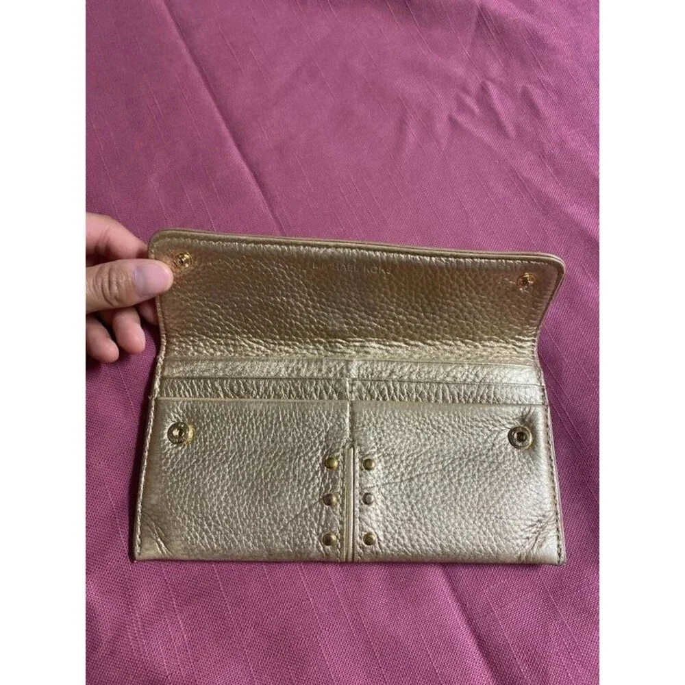 * Michael Kors gold metallic leather astor continental Wallet textured leather